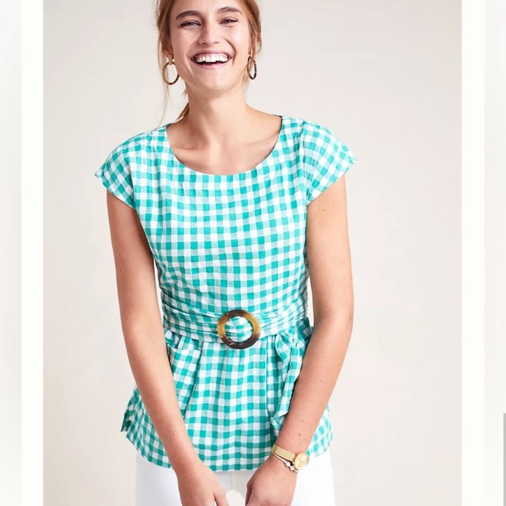 Anthropologie - Green Gingham Blouse - Size 6